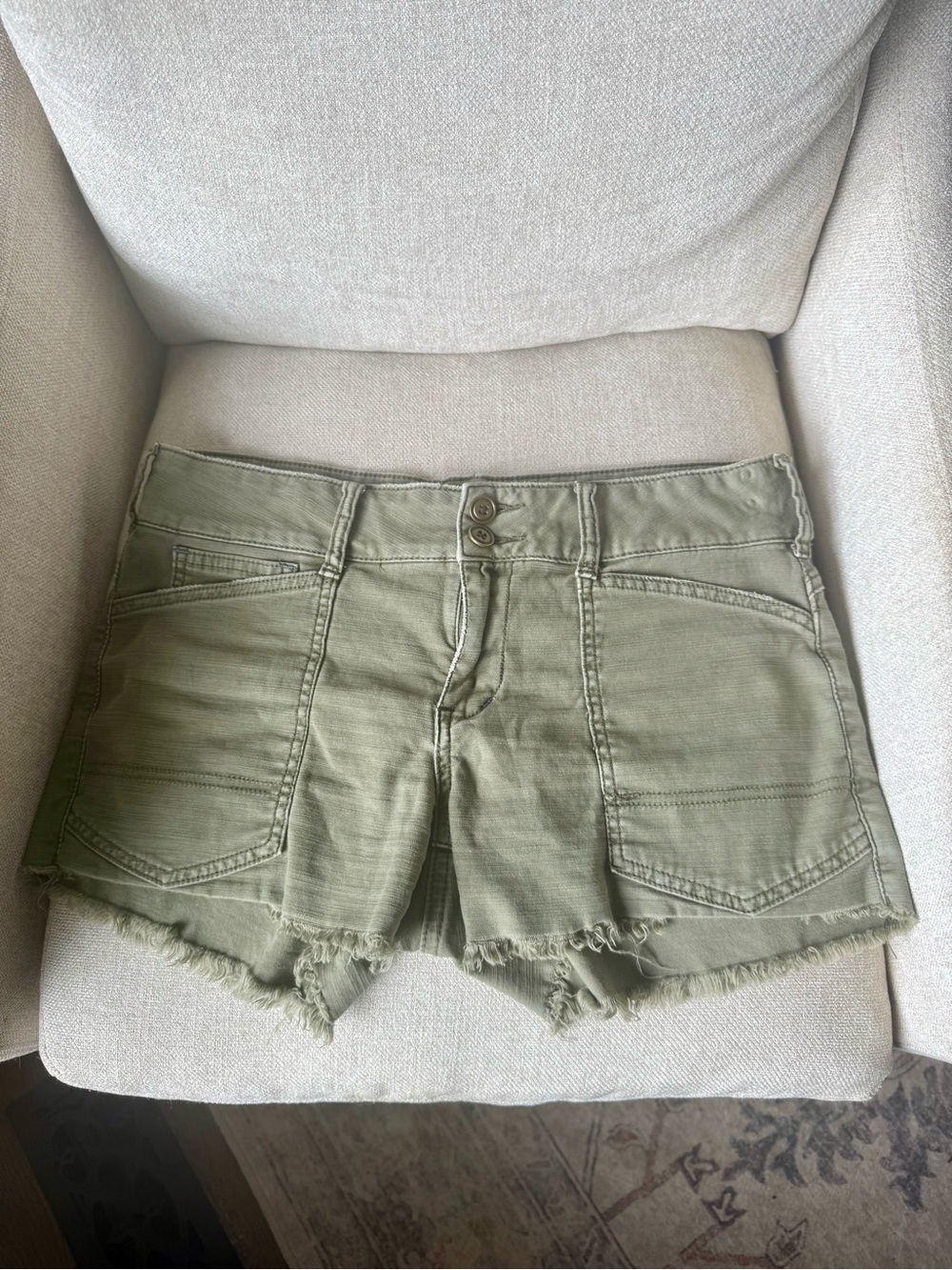 Anthropology Pilcro Olive Green Frayed Hem Utility Jean Shorts size 27